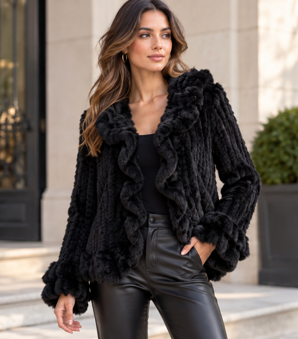 Rabbit Fur Jacket Black Knitted Open Front Ruffle Bell Sleeve Sz M Dark Romance